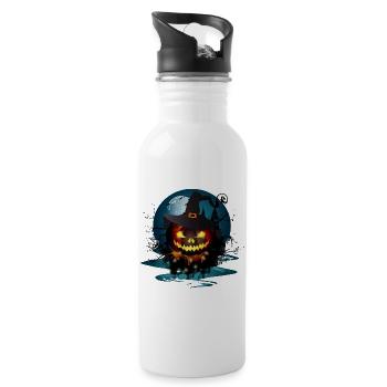 Dark Halloween Pumpkin With Witches Hat & Full Moon - Water bottle with straw - white - Right