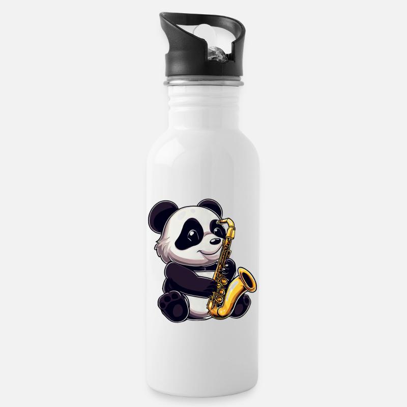 Süßer Panda mit einem Saxofon - Trinkflasche mit integriertem Trinkhalm - Weiß
