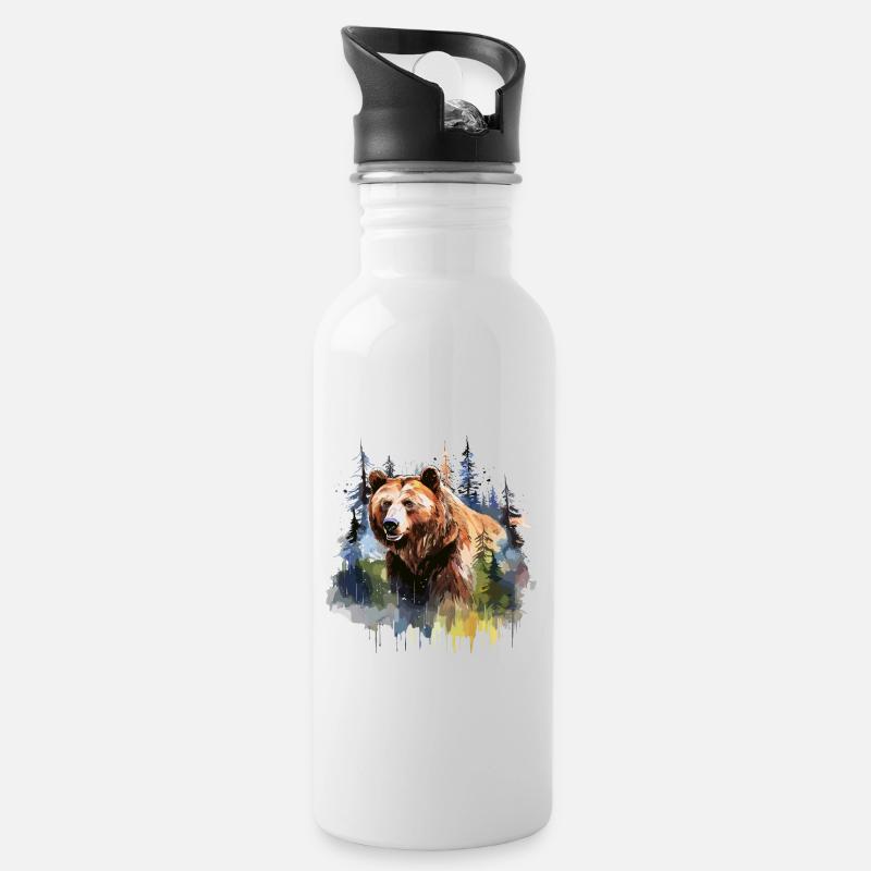Grizzlybär, Braunbär - Trinkflasche mit integriertem Trinkhalm - Weiß