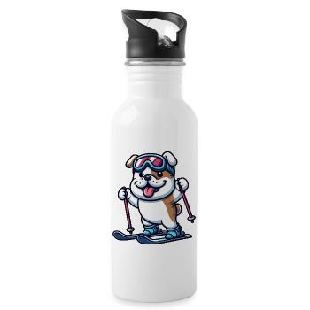 Bulldog on skis - winter holiday in comic style - Water bottle with straw - white - Right