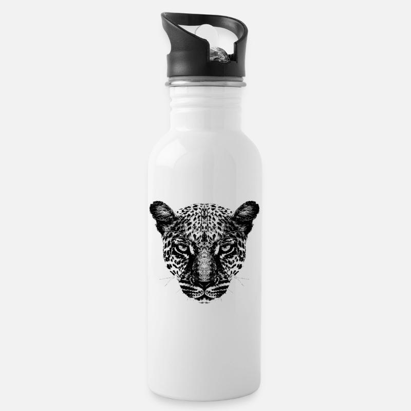 Leopard / Head / Black - Water bottle with straw - white