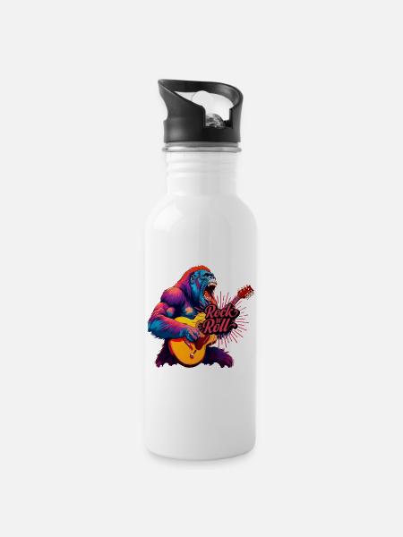 Rocking n Roll, Gorilla Playing Guitar - Water bottle with straw - white