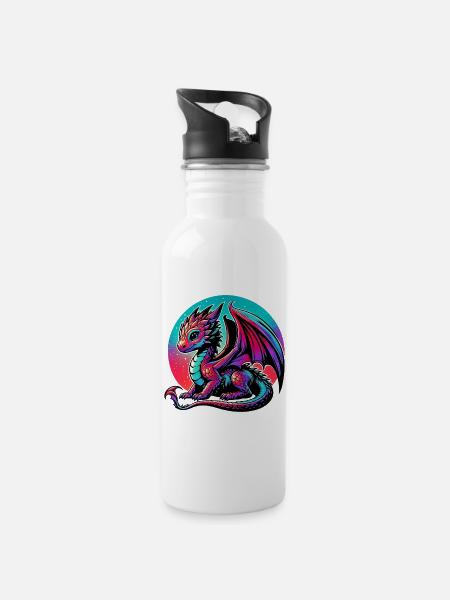Drache - Trinkflasche mit integriertem Trinkhalm - Weiß