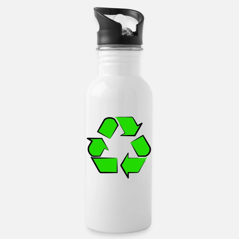 Neon Recycling Symbol - Trinkflasche mit integriertem Trinkhalm - Weiß