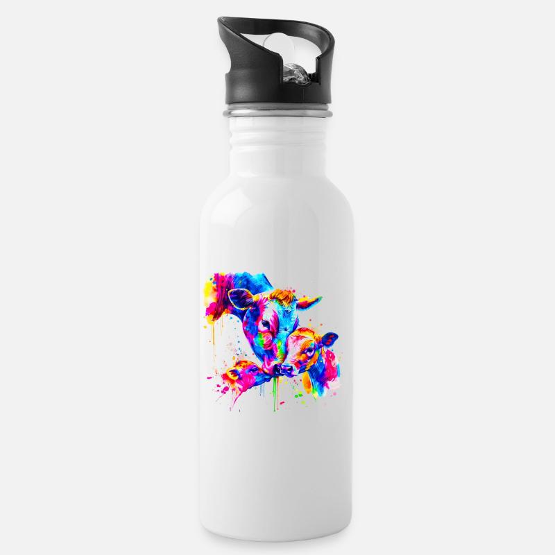 Kuh mit 3 Kälbern - Trinkflasche mit integriertem Trinkhalm - Weiß