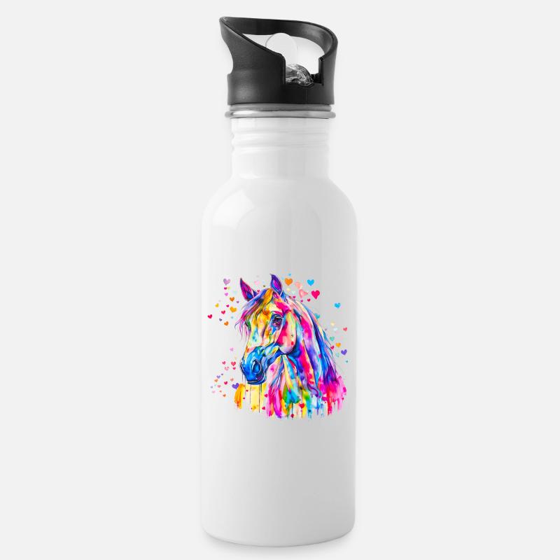 Buntes Pferd - Trinkflasche mit integriertem Trinkhalm - Weiß