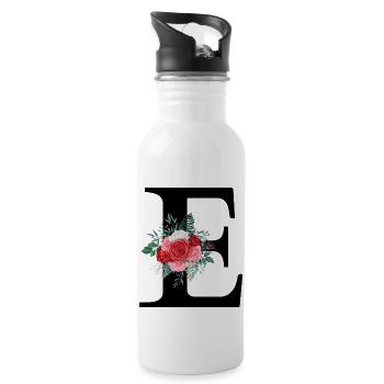 Roter Blumenbuchstabe E - Trinkflasche mit integriertem Trinkhalm - Weiß - Rechts
