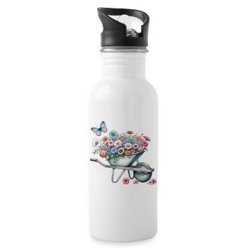 Wheelbarrow filled with pastel-colored flowers - Water bottle with straw - white - Right