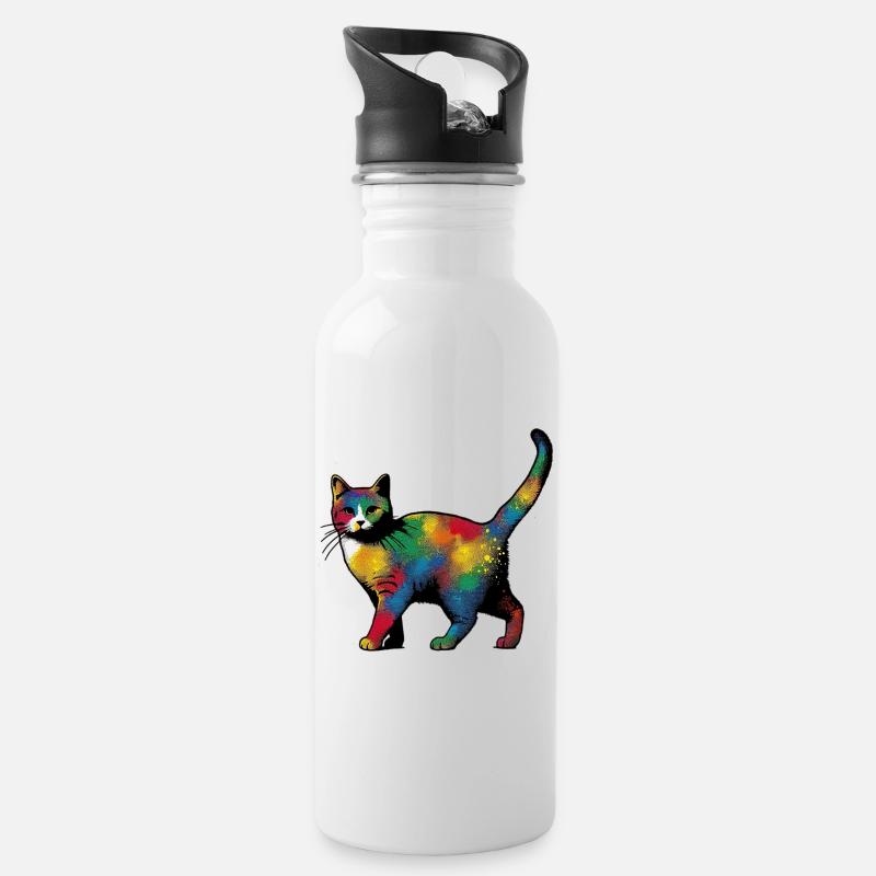 Katze - Trinkflasche mit integriertem Trinkhalm - Weiß