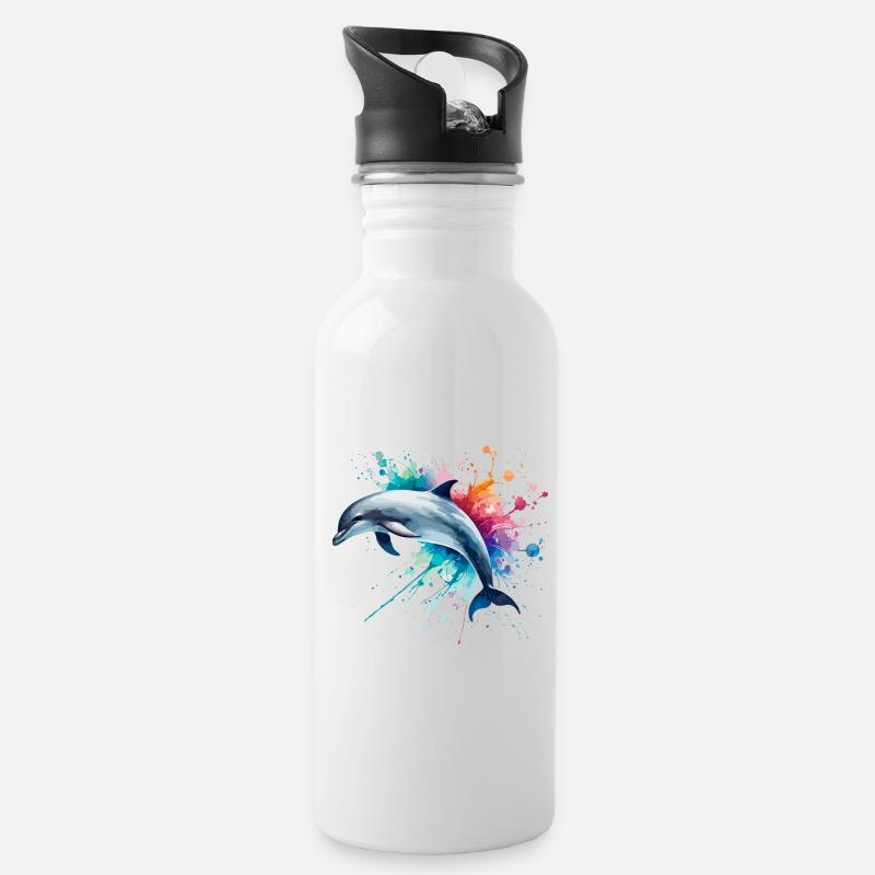 Lebendiger Delfin in Aquarell, Ozean - Trinkflasche mit integriertem Trinkhalm - Weiß