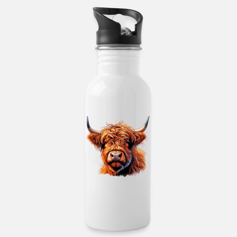 Scottish Highland Cow - Water bottle with straw - white