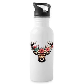 Hirsch mit Blumen - Trinkflasche mit integriertem Trinkhalm - Weiß - Rechts