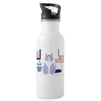 Pastel Cat in Cozy Room - Water bottle with straw - white - Right
