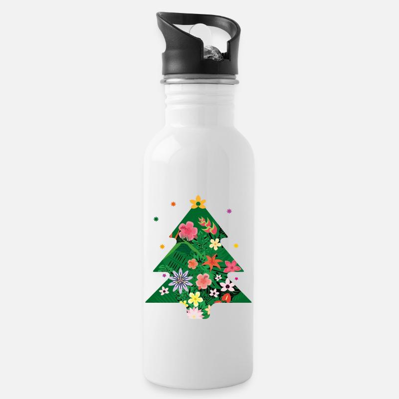 Tannenbaum, Weihnachtsbaum mit bunten Blumen - Trinkflasche mit integriertem Trinkhalm - Weiß