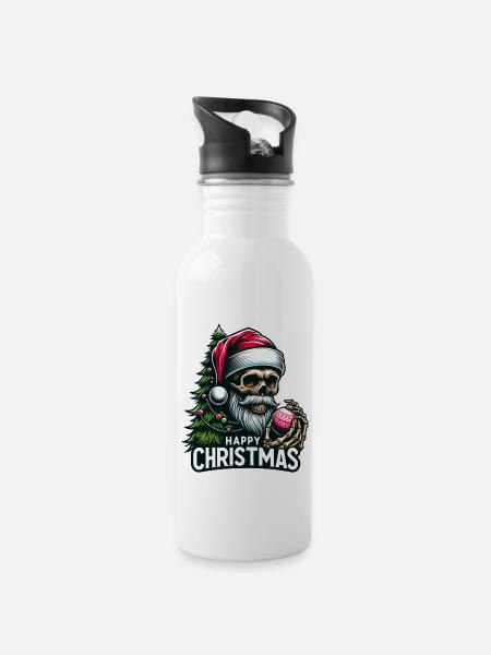 Weihnachtsmann Skull mit Christbaumkugel - Trinkflasche mit integriertem Trinkhalm - Weiß