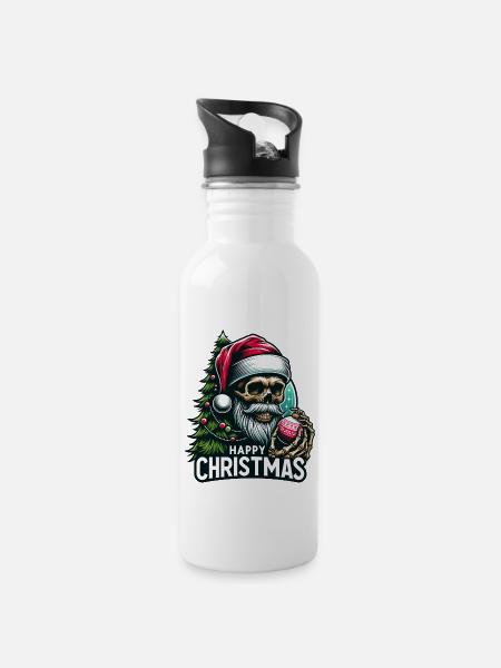 Weihnachtsmann Skull mit Christbaumkugel - Trinkflasche mit integriertem Trinkhalm - Weiß