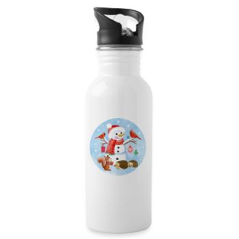 Schneemann mit Waldtieren zu Weihnachten - Trinkflasche mit integriertem Trinkhalm - Weiß - Rechts