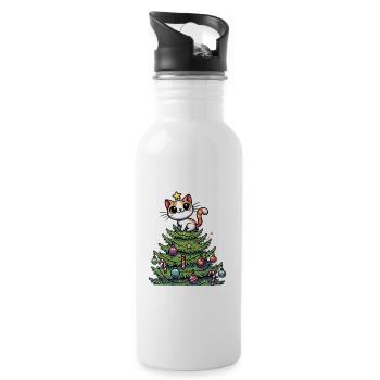 Lustige Katze Weihnachtsbaum Skurril - Trinkflasche mit integriertem Trinkhalm - Weiß - Rechts