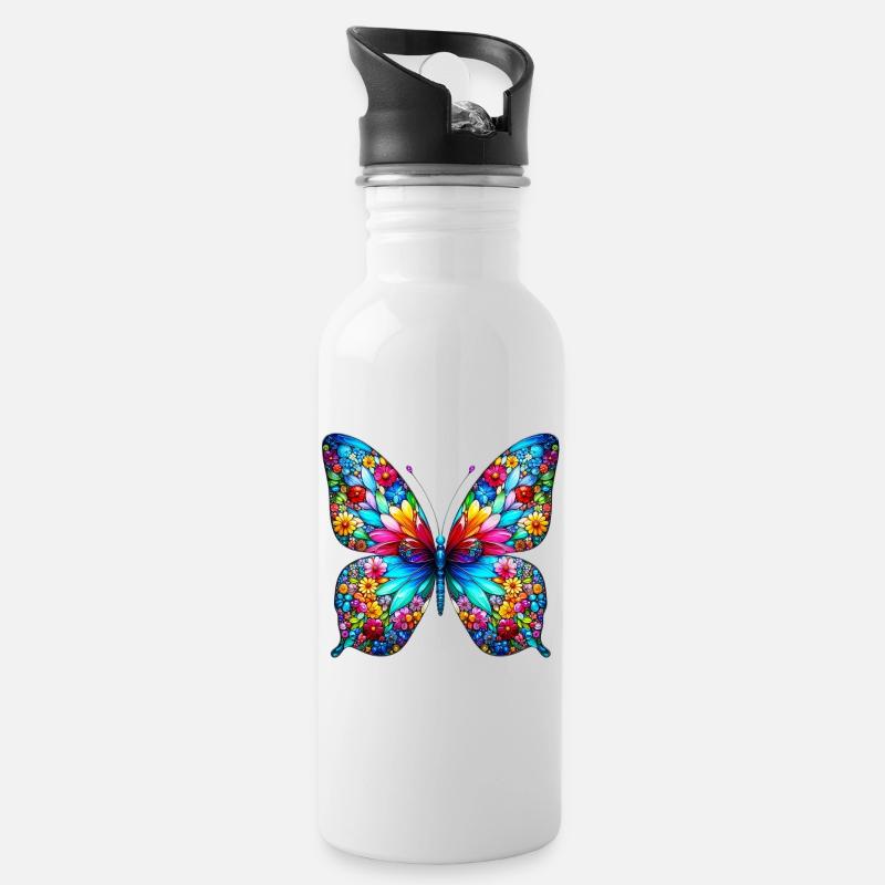 Schmetterling - Trinkflasche mit integriertem Trinkhalm - Weiß