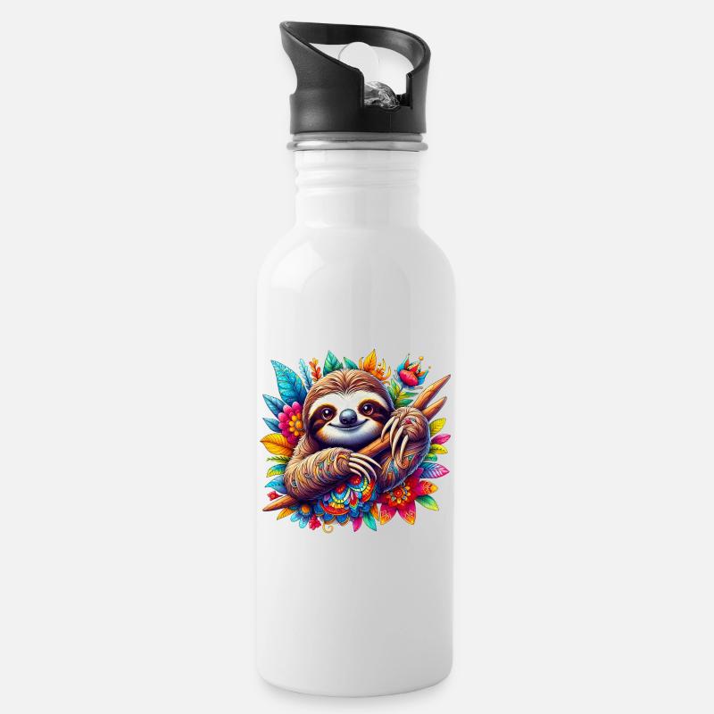 Faultier - Trinkflasche mit integriertem Trinkhalm - Weiß