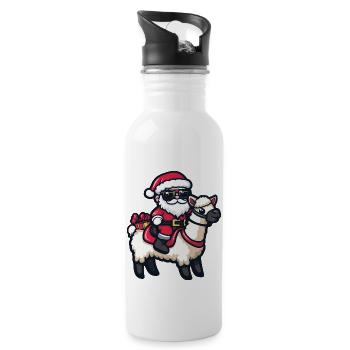 Alpaca Llama Santa Claus Cartoon - Water bottle with straw - white - Right