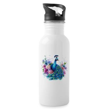Peacock Feather Flowers Colorful Colorful Art - Water bottle with straw - white - Right