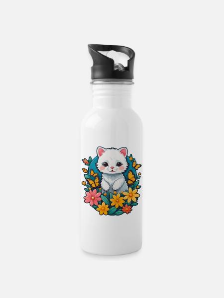 White kitten with flowers - Water bottle with straw - white