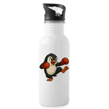 Cooler Pinguin Boxer Kickboxer Cartoon Kampfsport - Trinkflasche mit integriertem Trinkhalm - Weiß - Rechts