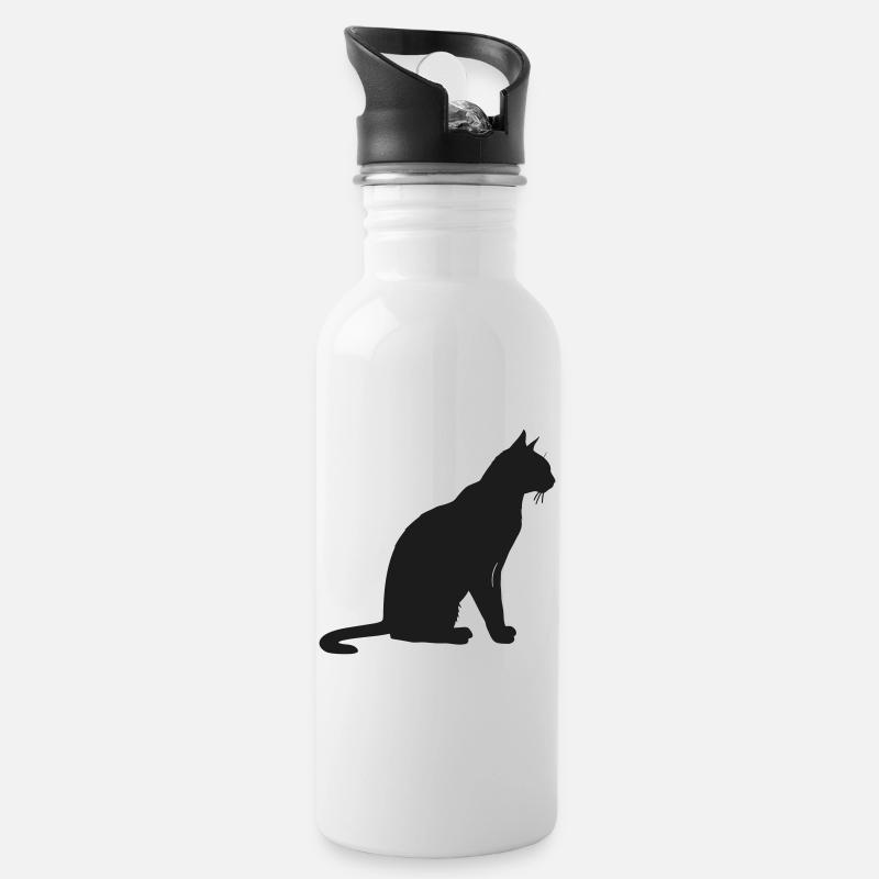 Elegante Silhouette einer Katze - Trinkflasche mit integriertem Trinkhalm - Weiß