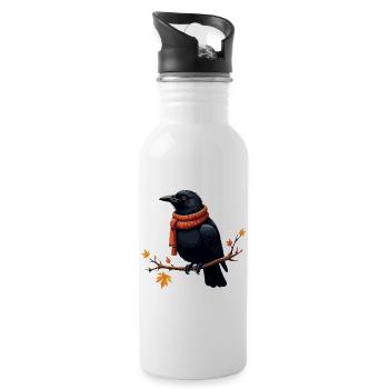 Herbstkrähe im Schal - Trinkflasche mit integriertem Trinkhalm - Weiß - Rechts