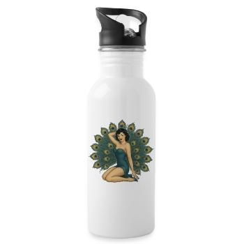 Elegantes Pfauen-Pinup - Trinkflasche mit integriertem Trinkhalm - Weiß - Rechts
