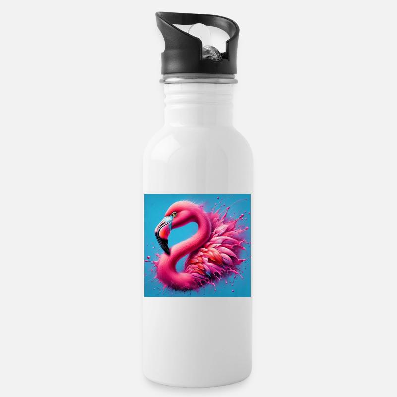 Flamingo - Trinkflasche mit integriertem Trinkhalm - Weiß