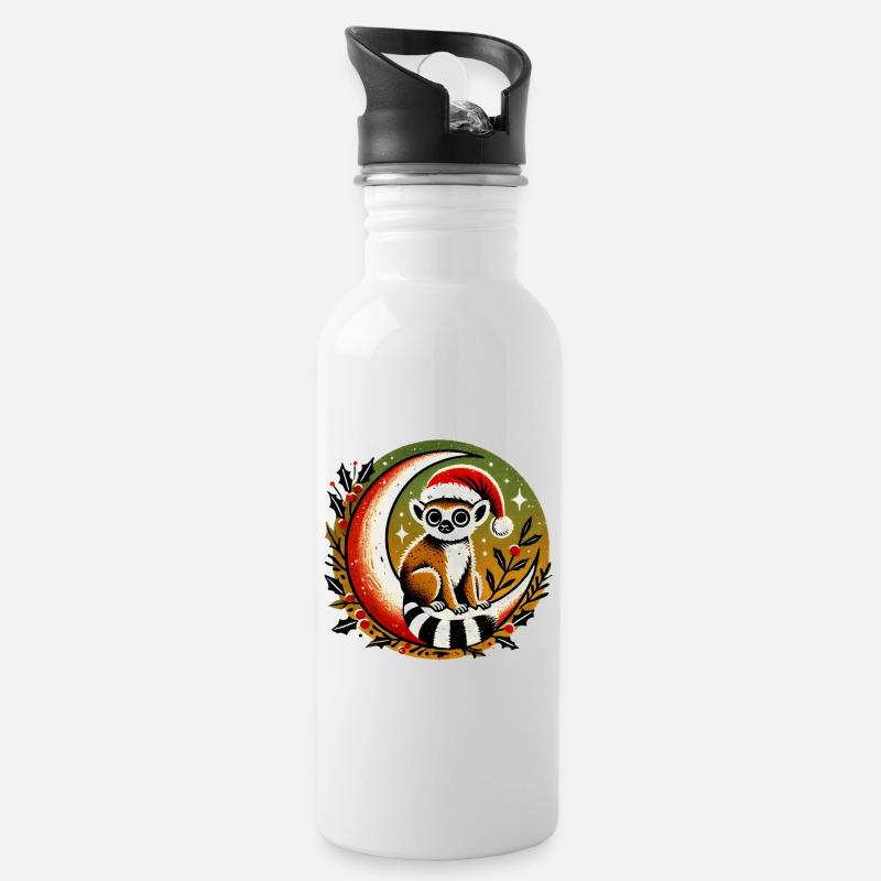 Santa Lemur auf dem Mond - Trinkflasche mit integriertem Trinkhalm - Weiß