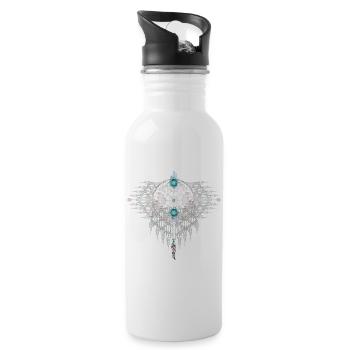 Kunstvolles Ethno-Ornament aus Türkis Elementen - Trinkflasche mit integriertem Trinkhalm - Weiß - Rechts