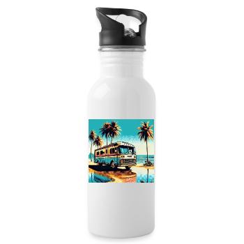 Camping-car rétro sur une plage tropicale - Gourde avec paille intégrée - blanc - Droite