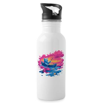 Neonbär im pinken Sonnenuntergangskanu - Trinkflasche mit integriertem Trinkhalm - Weiß - Rechts