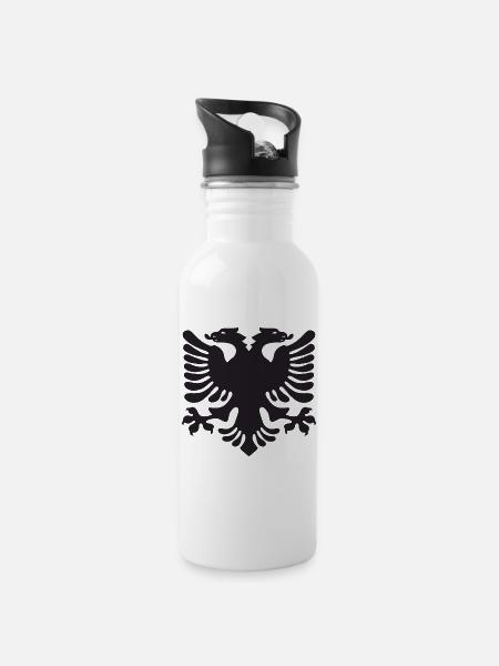 Doppeladler Silhouette Albanien - Trinkflasche mit integriertem Trinkhalm - Weiß