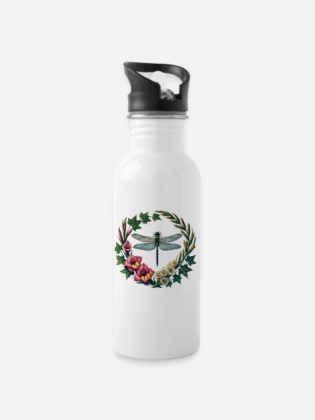 Libellen-Blumenkranzrahmen - Trinkflasche mit integriertem Trinkhalm - Weiß