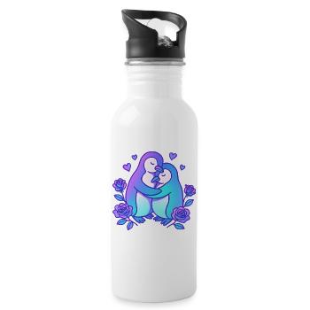 Love duo penguins in the rose garden - Water bottle with straw - white - Right