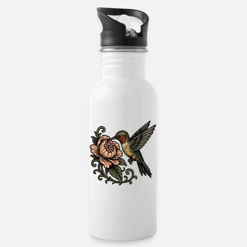 Kolibri mit Rose Vintage Tattoo - Trinkflasche mit integriertem Trinkhalm - Weiß