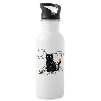 Black Cat Wrapped in Lights - Water bottle with straw - white - Right