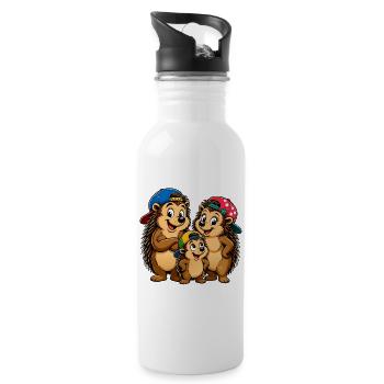 Funny hedgehog family with baseball cap - Water bottle with straw - white - Right
