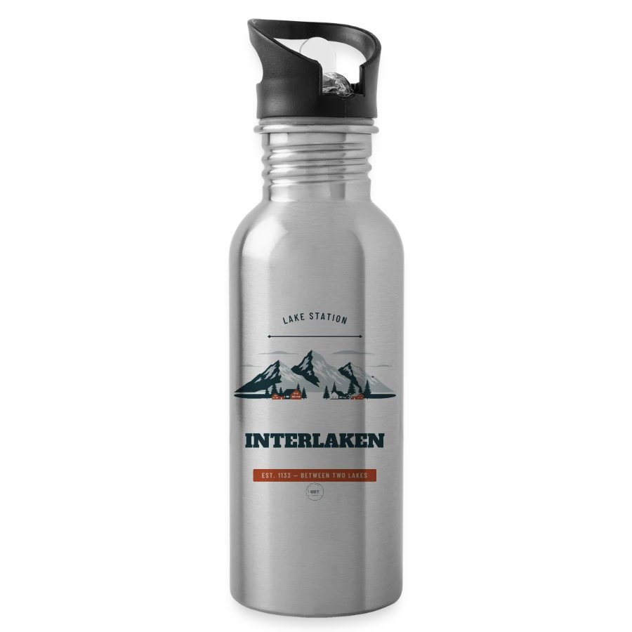 Interlaken badge on a water bottle with straw, silver