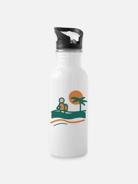 Backpacker am Palmenstrand - Trinkflasche mit integriertem Trinkhalm - Weiß