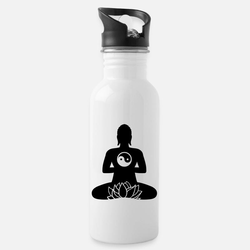 BUDDHA 01e | Lotus & Yin Yang - Trinkflasche mit integriertem Trinkhalm - Weiß