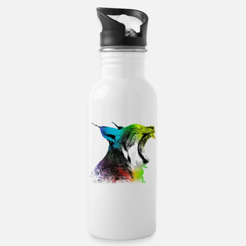 Gähnender Luchs - Trinkflasche mit integriertem Trinkhalm - Weiß
