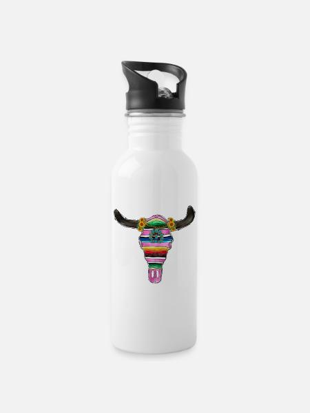 Serape Bull Skull and Turquoise - Water bottle with straw - white