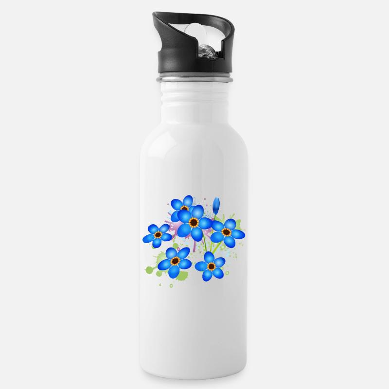 bright blue forget-me-not graffiti - Water bottle with straw - white