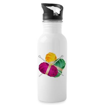 three colorful balls of wool with knitting needles - Water bottle with straw - white - Right