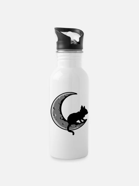 Sichel Mond Schwarze Katze - Trinkflasche mit integriertem Trinkhalm - Weiß